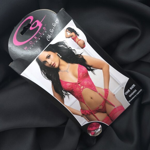G World Pink Lace Garter Bra Lingerie Set 3pc Thong Stockings One Size OH2453 - Picture 7 of 7